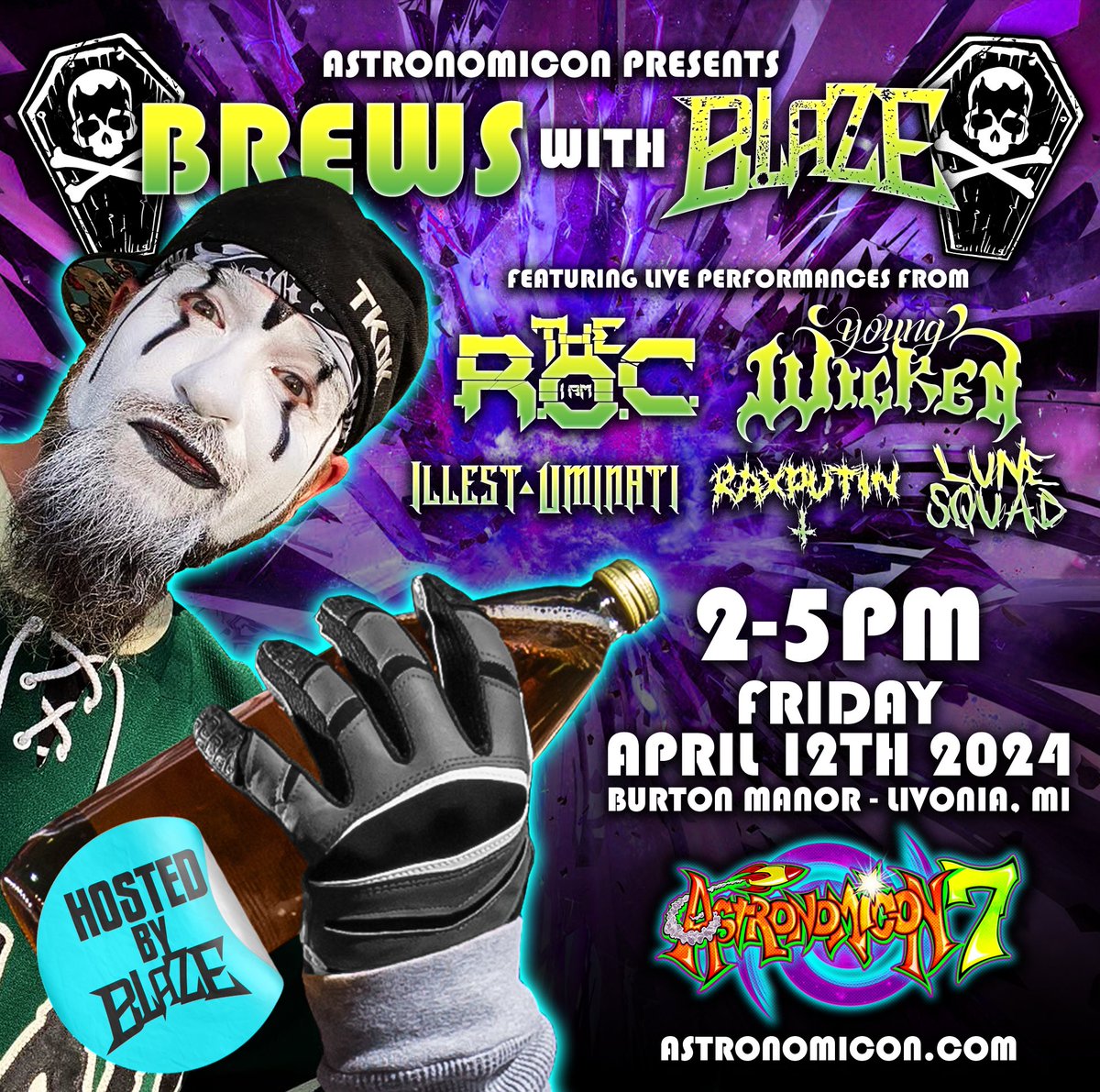 It wouldn’t be an Astronomicon without the official Brews with Blaze pre party. It’s going down at Burton Manor 2pm-5pm on Friday April 12th. This event is absolutely free and hosted by The Dead Man himself. Performances by @iamtheroc @youngwicked303 @IllestUminati & more!