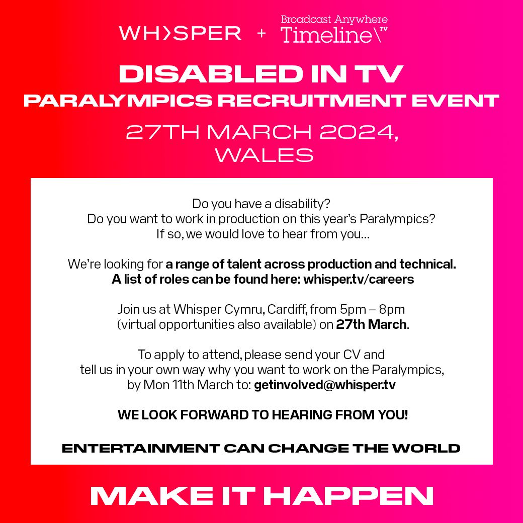 Do you have a disability? Our Dandi client Whisper with Timeline TV are hosting a recruitment event for the upcoming Paralympics! 🎥🏅 📅 DATE: 27 March 2024 📍 LOCATION: Cardiff, Wales (Virtual participation also available!) To apply email getinvolved@whisper.tv by 11March