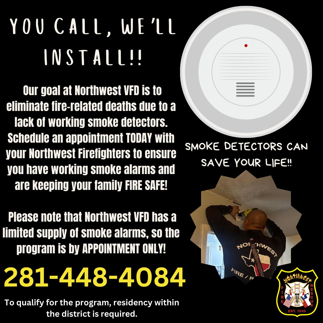 At Northwest Volunteer Fire Department, we're committed to safeguarding homes and families from the threat of fire. To qualify for the program, residency within the district is required. Appointments can be made by calling our Administration Office at 281-448-4084 📞