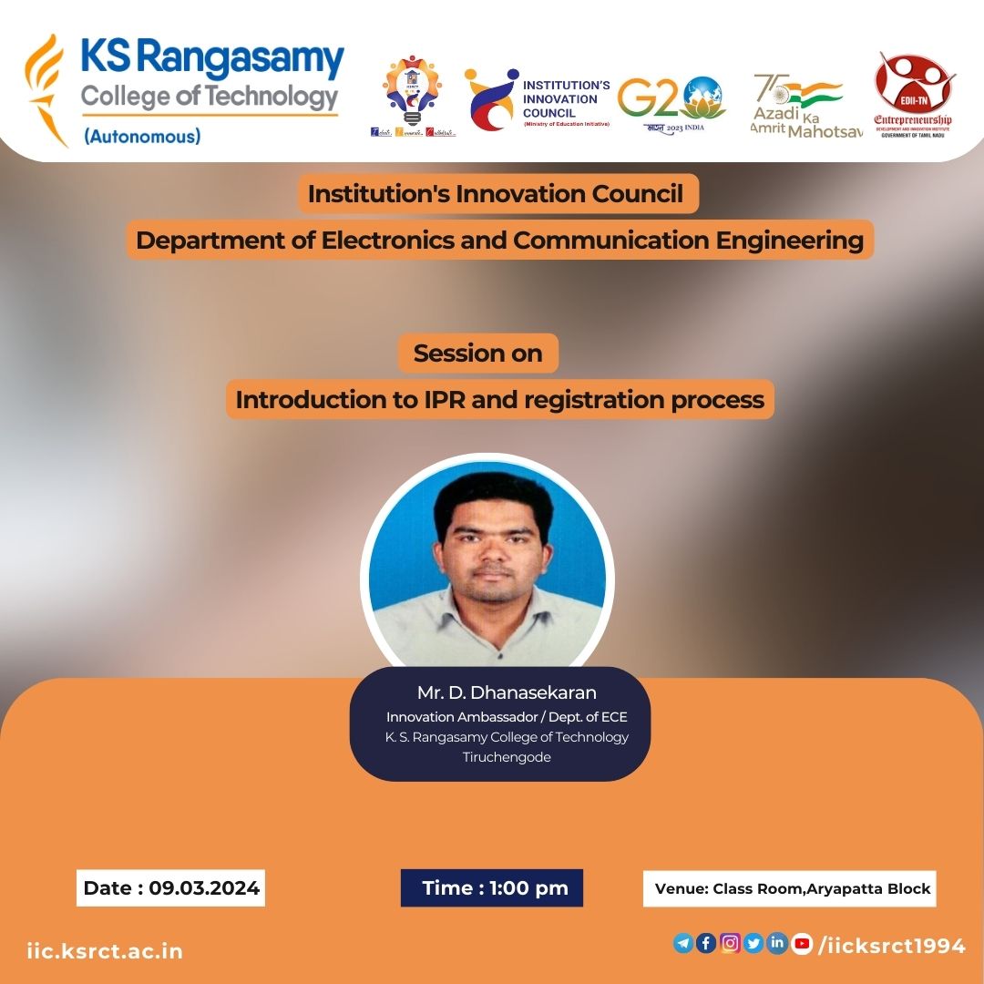 iicksrct1994's tweet image. &quot;Dive into the world of Intellectual Property Rights (IPR)! Join our session on the Introduction to IPR and the registration process. 📚💡 #IPR #RegistrationProcess&quot;

📅 09.03.2024
🕑 1:00 pm
📍Class Room, Aryapatta Block

Best regards,
KSRCT-IIC.