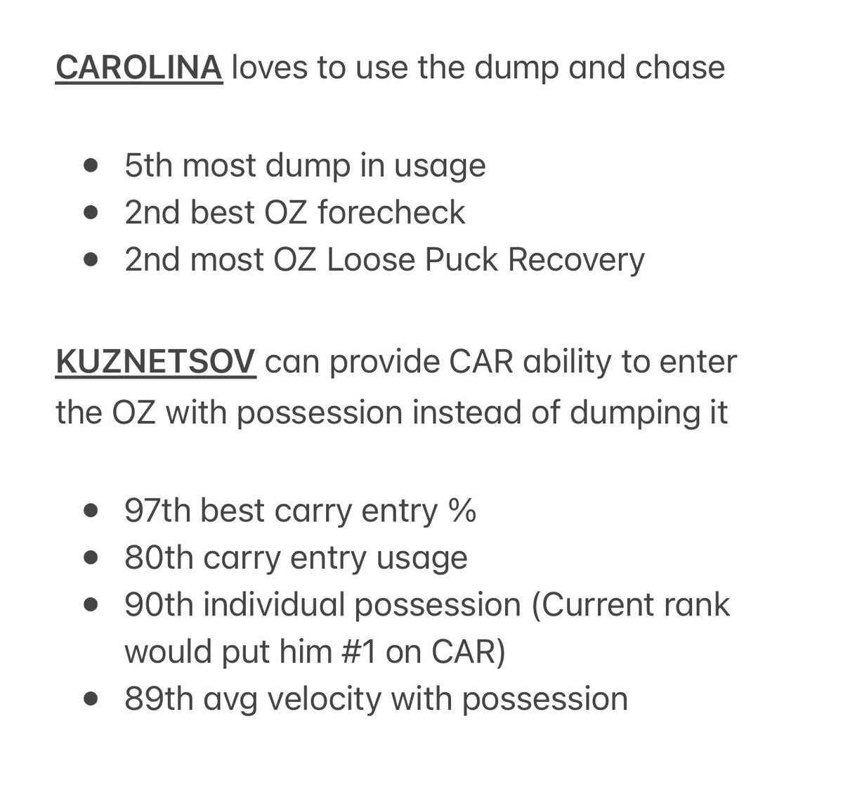 Interesting acquisition for <a href="/Canes/">Carolina Hurricanes</a> of Kuznetsov. Like Guentzel, it’s a departure from the usual player archetype and their norm of ‘the sum of the parts’/systems style that RBA has them play. Both guys introduce a new dynamic to this lineup. All stats are 5v5. <a href="/SMTlive/">SMT</a>