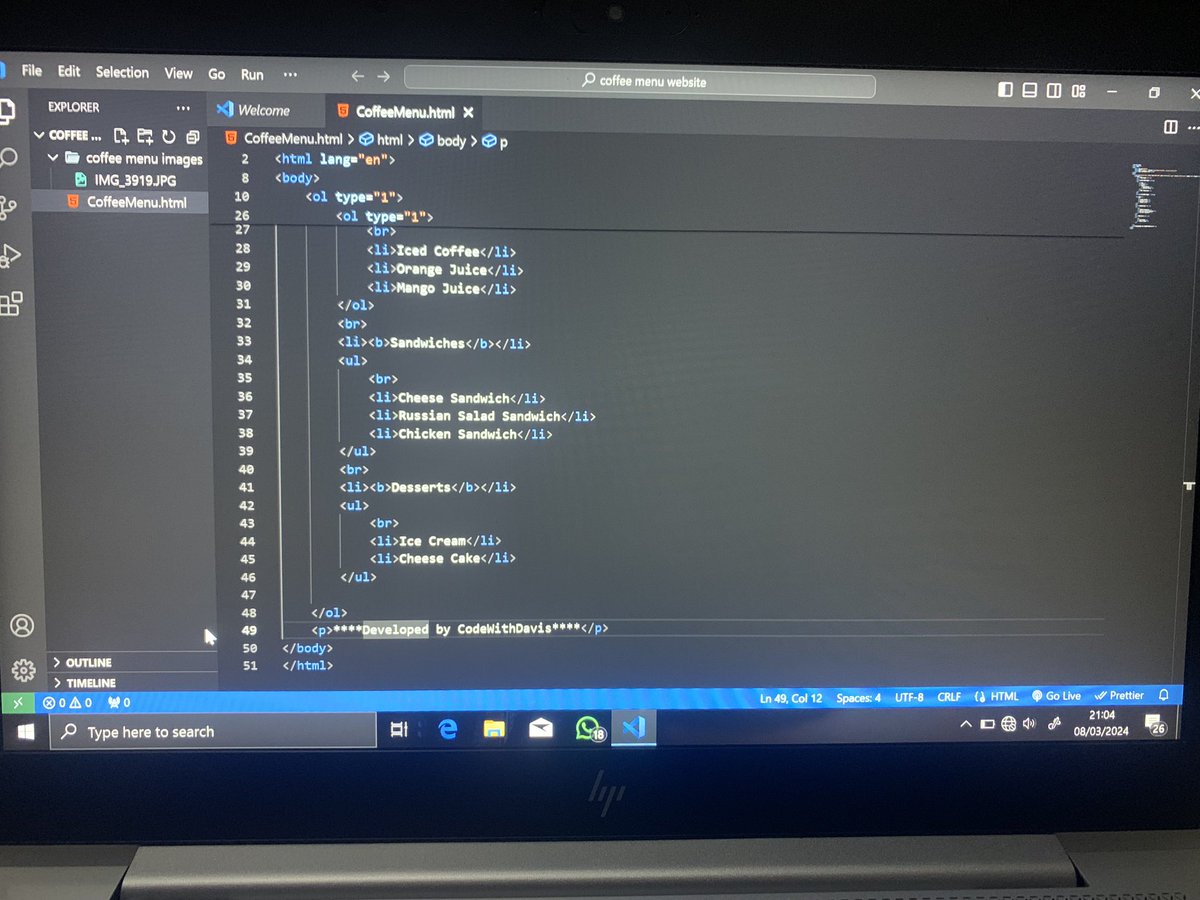 CodeWithDavis's tweet image. Five months ago, I saw tweets urging web development learning from @FrancescoCiull4 , @Prathkum and others. Without a device, I read PDFs on HTML, CSS, and JavaScript. Engaging in #100daysofcode, @faithhh_Olabode's tweets inspired me. Today, I've coded my first webpage.