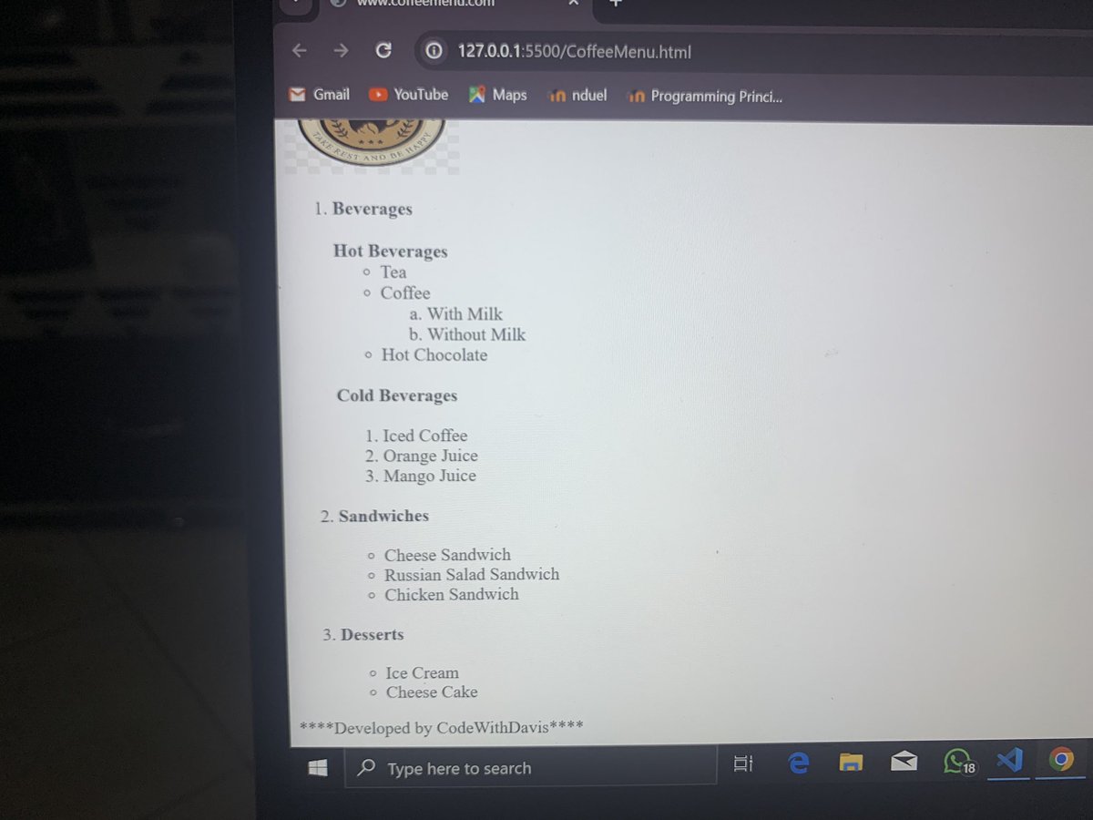 CodeWithDavis's tweet image. Five months ago, I saw tweets urging web development learning from @FrancescoCiull4 , @Prathkum and others. Without a device, I read PDFs on HTML, CSS, and JavaScript. Engaging in #100daysofcode, @faithhh_Olabode's tweets inspired me. Today, I've coded my first webpage.