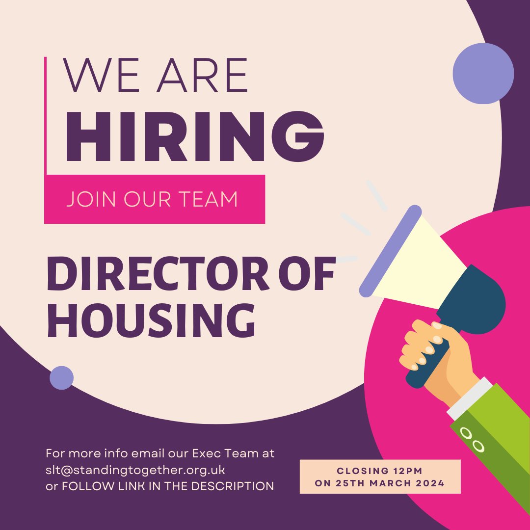 We are #hiring! Apply for this new exciting Director of Housing role. Join our growing Exec team and make a real difference in our mission to end #domesticabuse. Apply here: standingtogether.livevacancies.co.uk/#/job/details/…