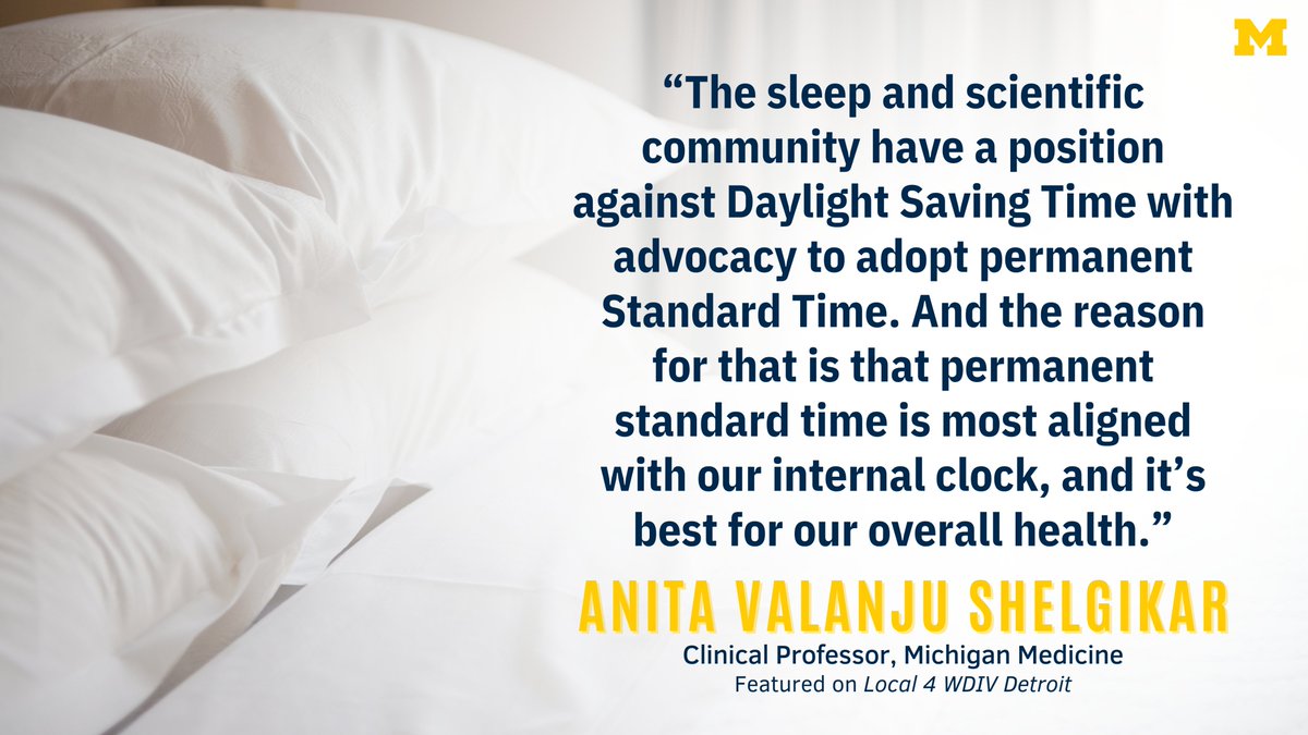 @UMichMedicine clinical professor and sleep specialist Anita Shelgikar joins @Local4News to explain how Daylight Saving Time disrupts our bodies natural clocks, affecting the regulation of multiple biological processes, and ways to minimize the impact. myumi.ch/Rm1g2