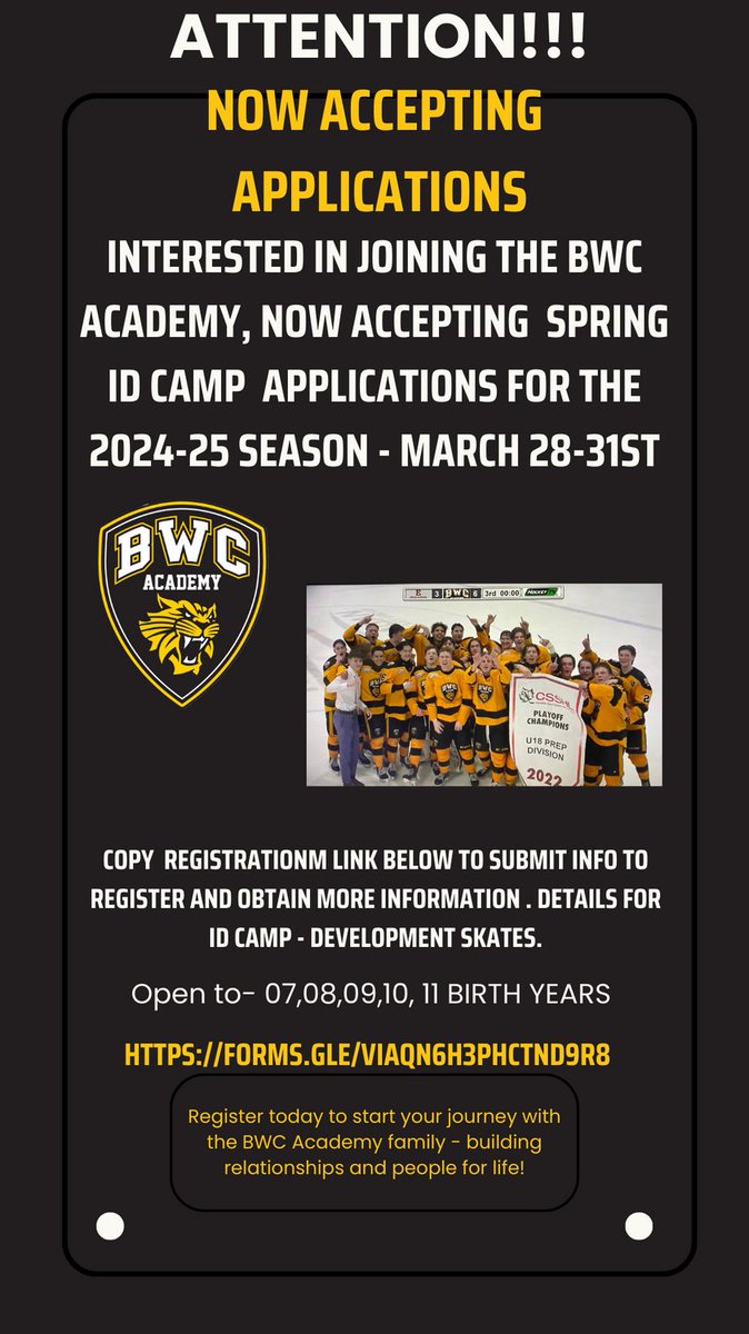 The BWC Academy is hosting their ID development camp March 28-31st. Only a few spots remain so register today as registration closes tomorrow. U18 goaltenders -2009-2007 are FULL, you can still join wait list! #BWCFamily #Lifehabits #Culture #workethic