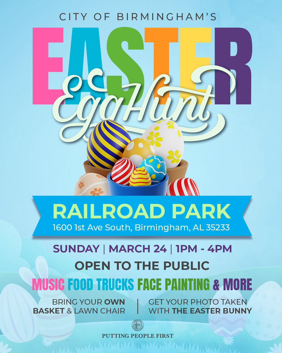 March 24, let's have some fun. Bring the kids and join us at Railroad Park for our Easter Egg Hunt.