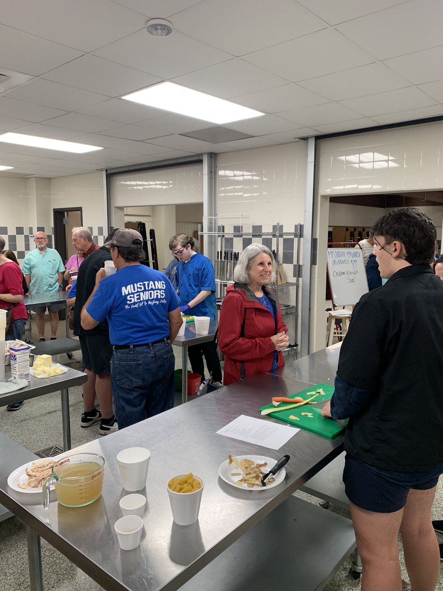 Today we loaded our Mustang Seniors (Citizens) on a bus and took them on a field trip to the old Cline kitchen to eat a snack and watch the students making some chicken soup, then to new Cline to see the facilities, and lastly a drive by if the new high school facilities.