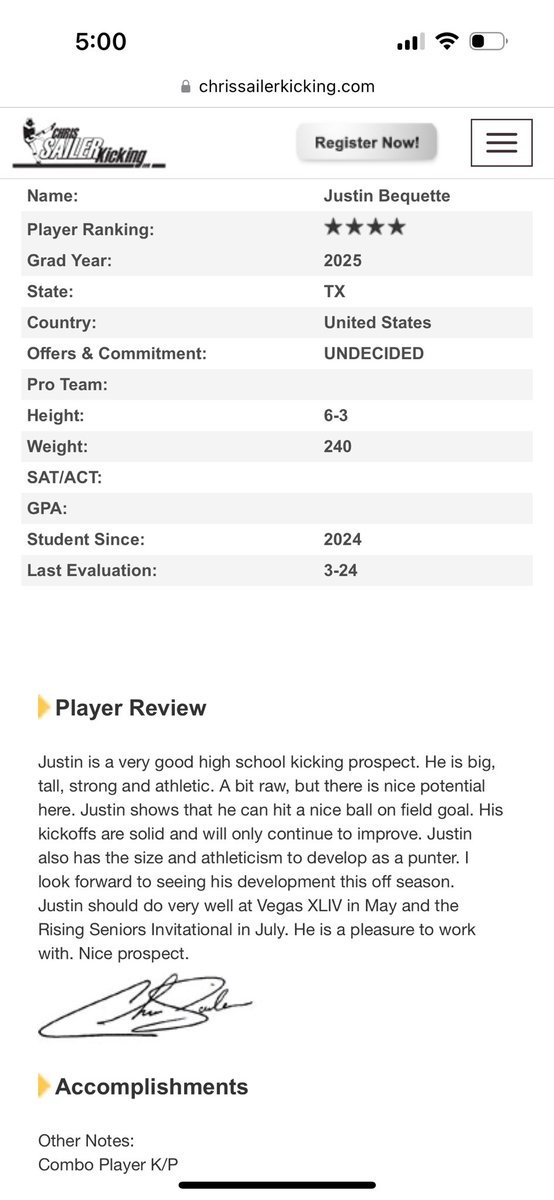 Grateful to be ranked as a 4⭐️ kicker after my first @Chris_Sailer camp. @OberkromKicking @BNHSFOOTBALL09