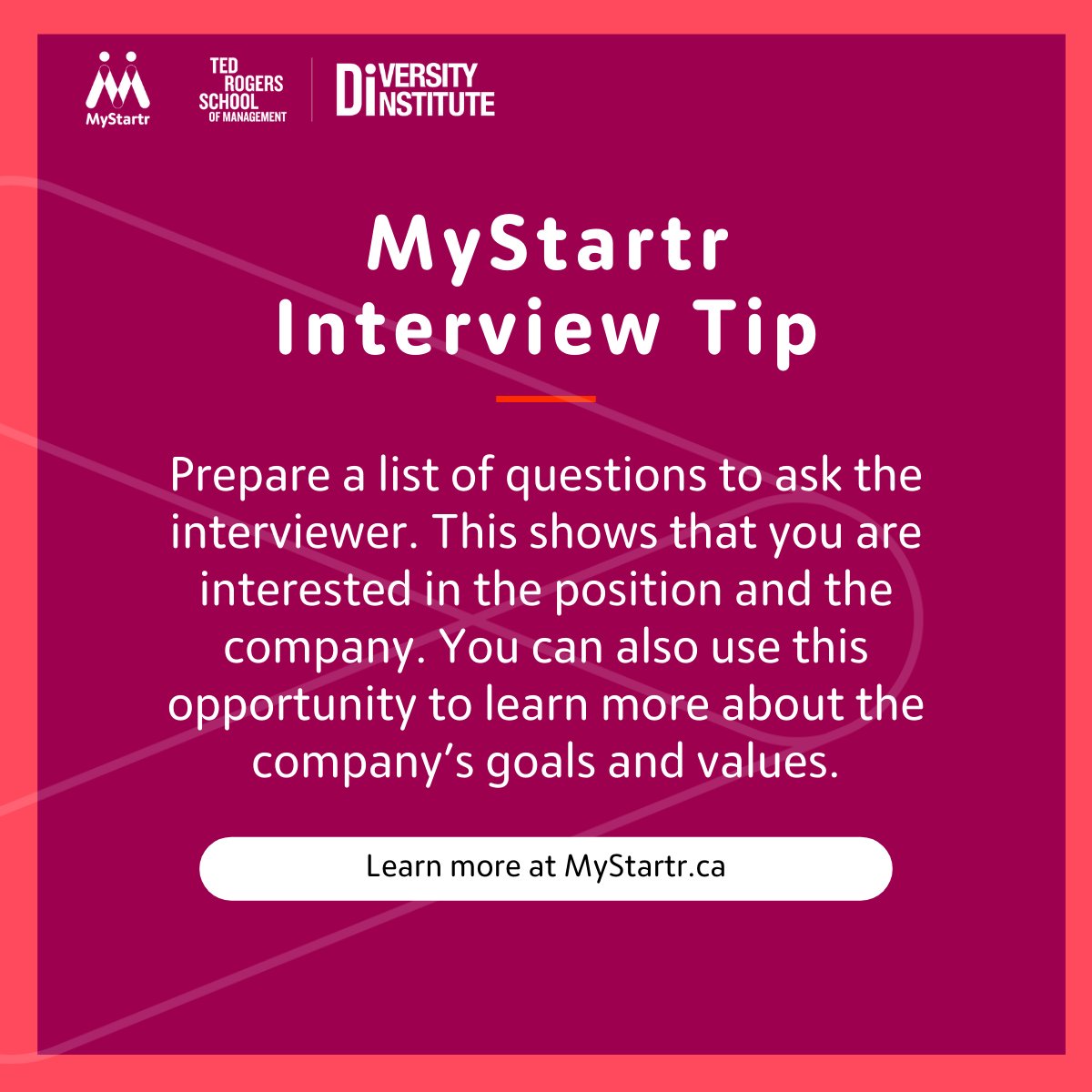 Do you know how to impress the interviewer❓

#InterviewTip: prepare a few questions to ask them, like what a typical day looks like, the company culture and their career journey. 

Check out MyStartr for more job search support.
▶️ bit.ly/MyStar7r