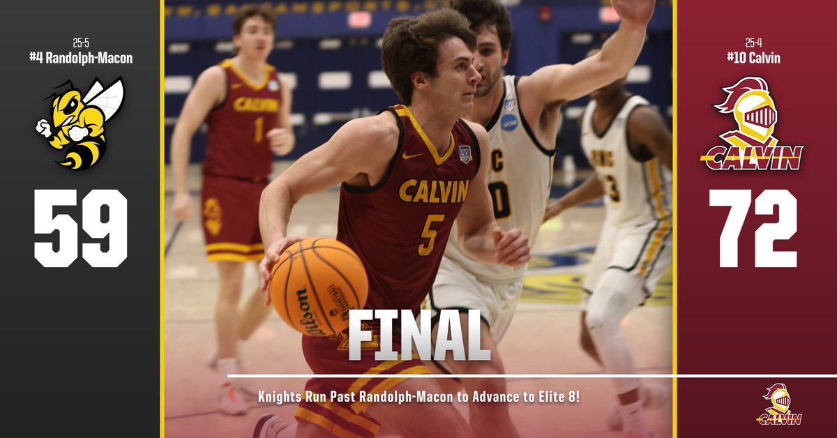 Final: @CalvinMensBball 72, Randolph-Macon 59! Knights are moving on to the Elite 8 Saturday night in Hartford! #d3hoops #GoCalvin