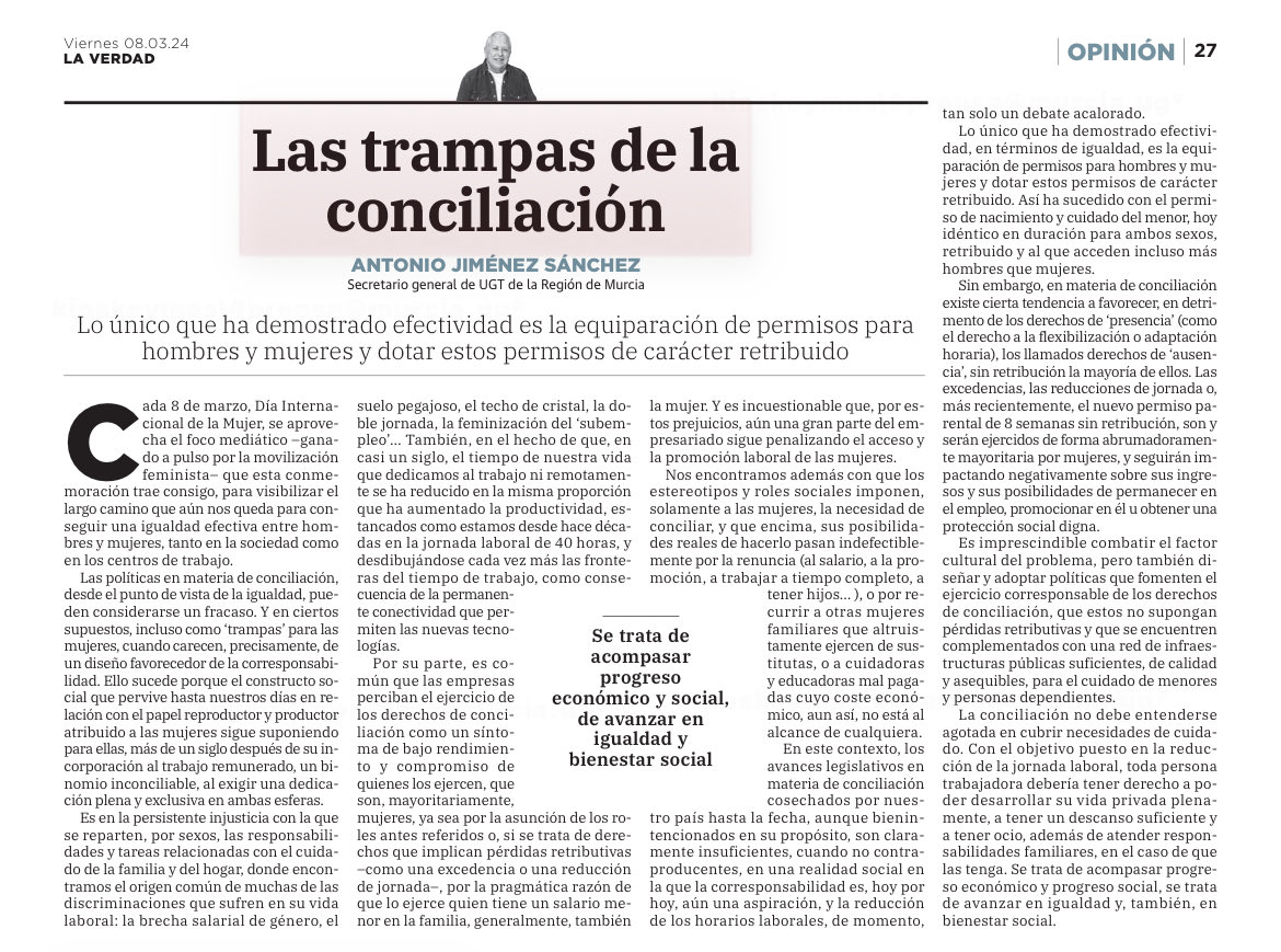 “Las trampas de la conciliación”, unas reflexiones en el Día Internacional de la Mujer 2024 #DiaInternacionalDeLaMujer #InspireInclusion (#InspirarInclusión) <a href="/UGT_Comunica/">UGT</a> <a href="/UGTMurcia/">UGT Región de Murcia</a>