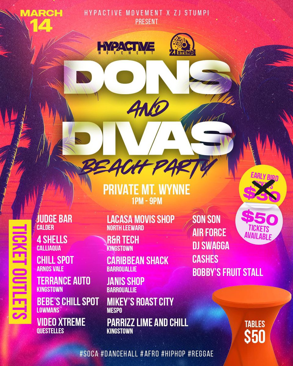 🎟️🏖️🎟️🇻🇨🎟️🌊🎟️🏖️🎟️🇻🇨🎟️🌊🎟️🏖️🎟️

🗓️March 14th 2024 
HEROES DAY HOLIDAY 🥳 
📍Mount Wynne Beach  
• 1pm -  9pm ⏰ 
❌ ~$30~
✅ $50 General Tickets on now sale island wide!!
Tables $50