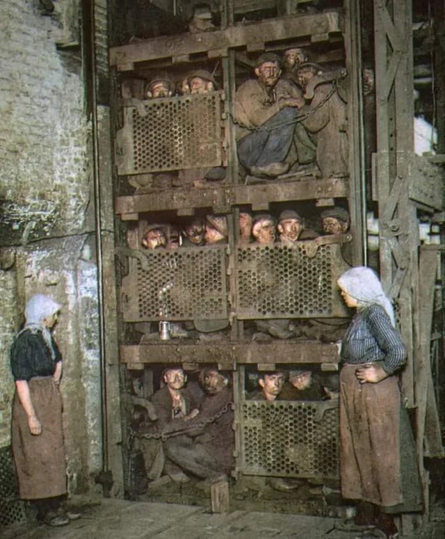 Miners crammed into coal mine elevator after a day of work circa 1900. 

Look at all that white privilege.