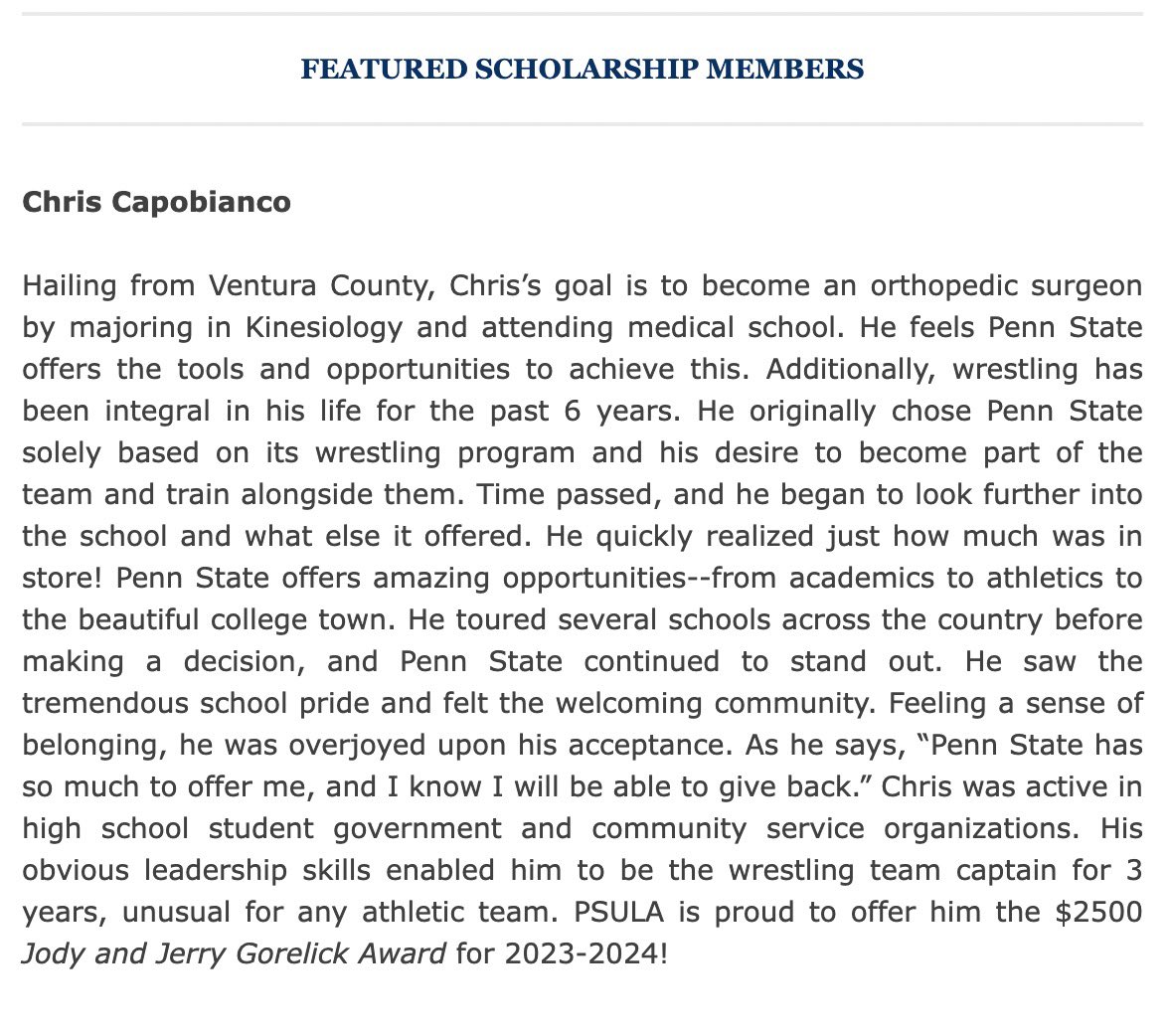 Thanks to your generous donations we were able to offer $14,000 in aid to students in our region last year! donate on our website, PSULA.org. Here’s Chris Capobianco’s story. 📃 thank you to Jody and Jerry Gorelick for their generous $2500 donation each year. 🌟