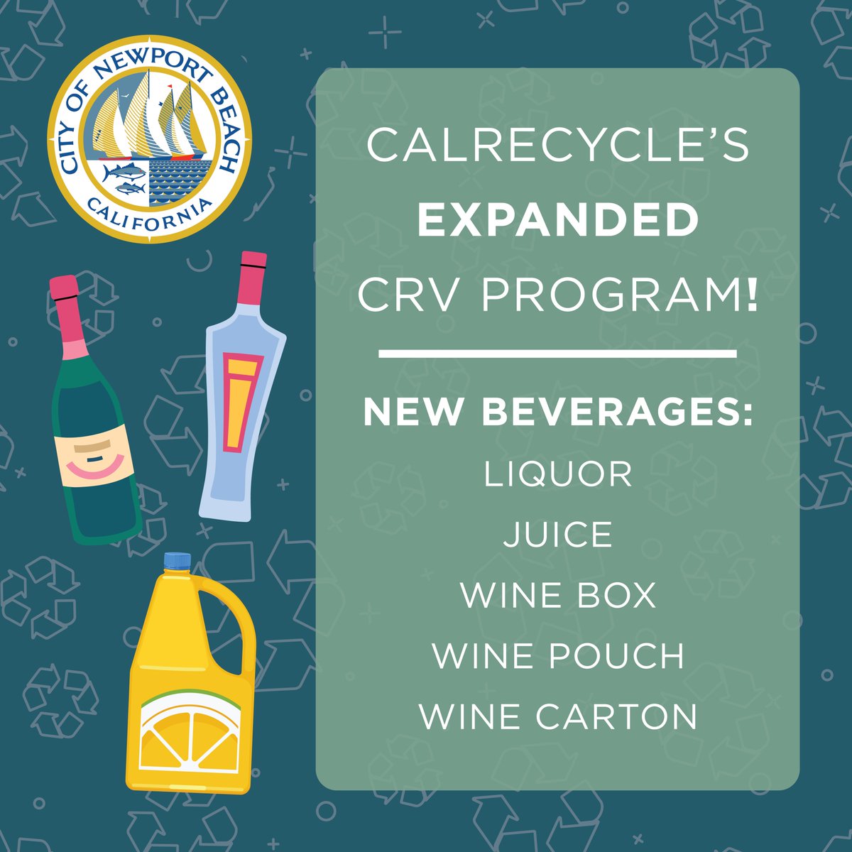 Exciting news! Starting Jan 1, 2024, CA expanded its @CalRecycle's Beverage Container Recycling Program! Now, recycle even more—liquor, juice, wine boxes, pouches, and cartons. Let's make a difference together! #NBRecycles
