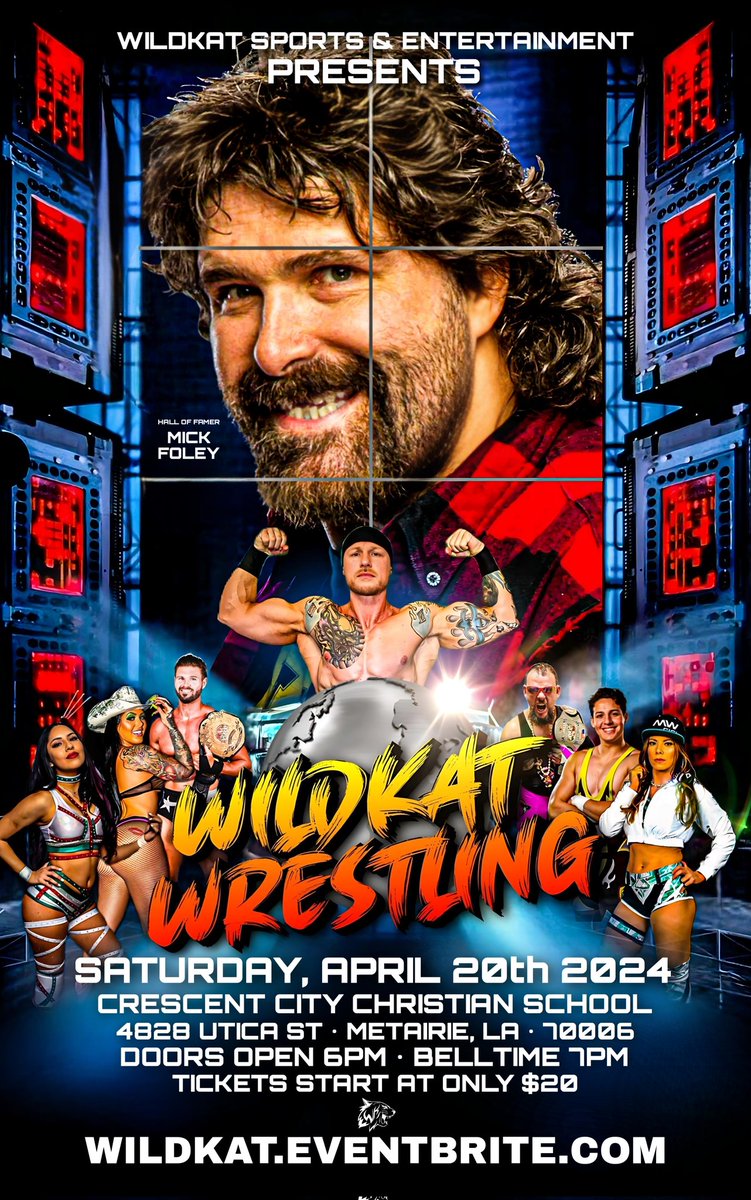 Tickets on sale tomorrow! 💋 @WildKatSports is BACK April 20th with special guest Mick Foley! Plus the in-ring return of @LukeHawx504 and all your favorite WildKat stars! Tickets on sale Saturday at noon at WILDKAT.EVENTBRITE.COM