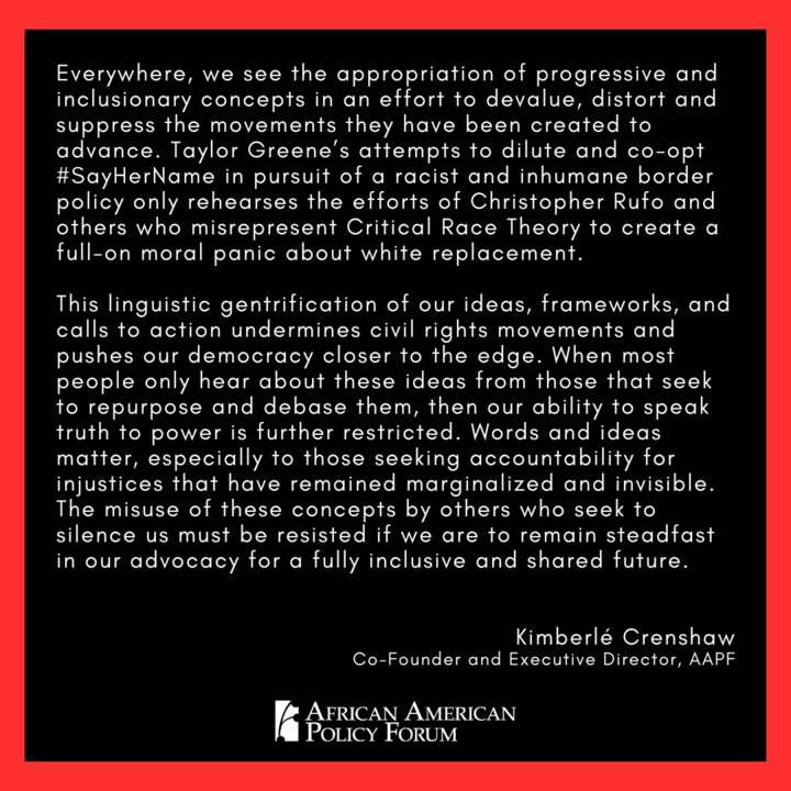 Read Kimberlé Crenshaw's (@sandylocks) statement on the use of 'Say Her Name' by Marjorie Taylor Greene during the State of the Union Address