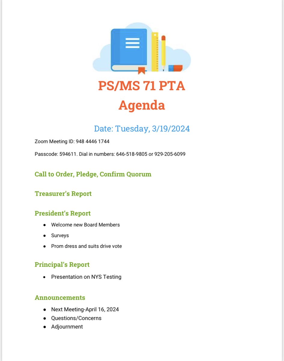 Dear PS/MS 71 Families,

Please join us on Tuesday, March 19th @ 6:30pm for our VIRTUAL PTA MEETING! See notice below for the Zoom link & dial-in numbers. Thank you. @jen_joynt @MargaretMirando @AnyaMunce @D8Connect @FLCDIST8 @Delillis5 @MsLiamzon