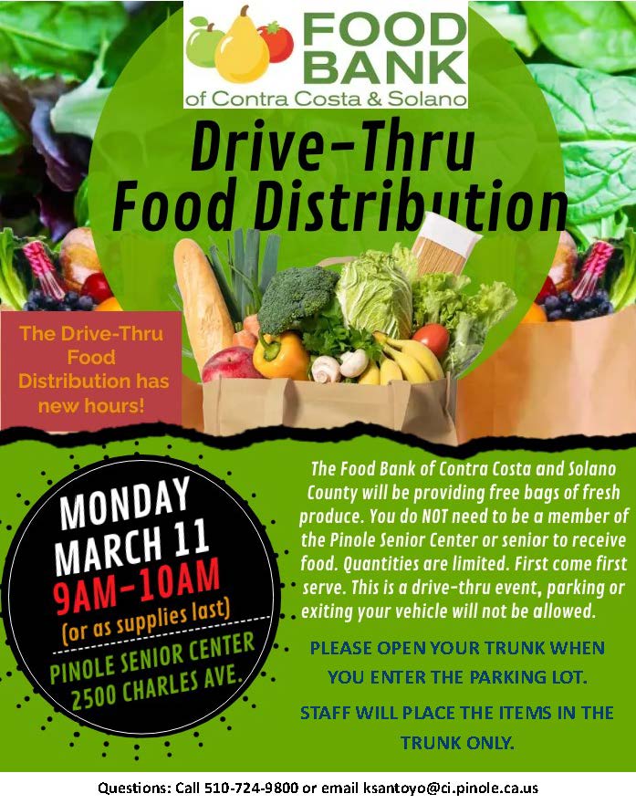 REMINDER: The next drive-thru distribution is Monday, March 11, 9 AM to 10 AM (or as supplies last) Quantities are limited. First come first serve. 1 bag of produce per household. 
#fooddistribution #seniorcenter #pinoleca #fruitsandveggies #cityofpinole #communityservices