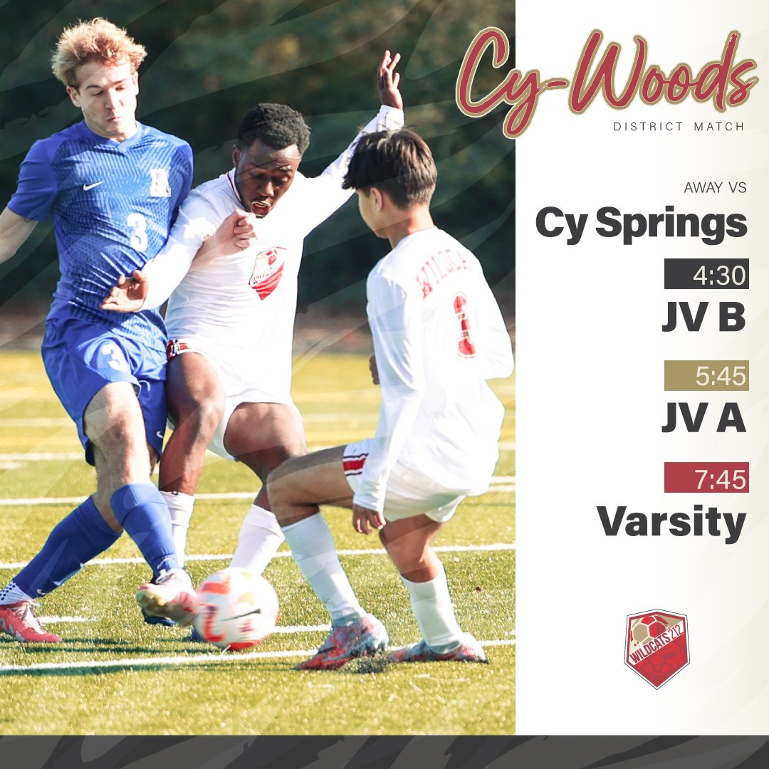 Match #13: We're back and ready for a good night of soccer against the Panthers — 

📆 March 8
🆚 Cy Springs
⏰ 4:30/5:45/7:45  
🆚 Panthers
🎟️ ow.ly/mHAF50QPfLH

@CW_Athletics // @CyWood_Boosters