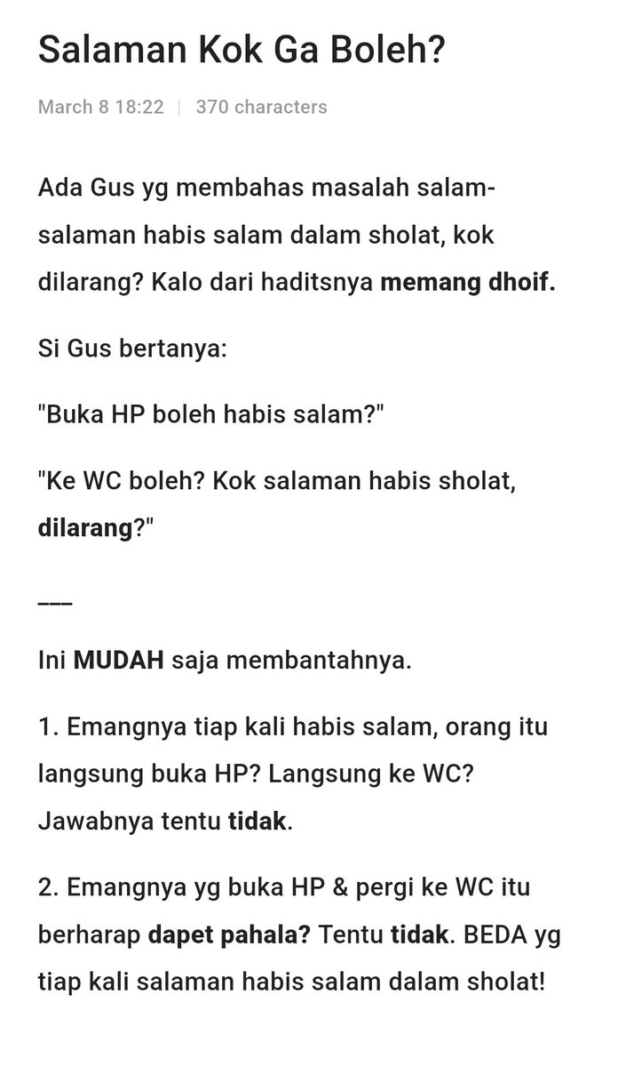 ▪️Salam2an Habis Sholat, Kok Dilarang?▪️

Ada Gus yg bertanya:
Jamaah sebelah kok melarang2 salaman habis sholat?

Kalo dicari hadits shohehnya, ga ada! 
Paling juga dhoif.

Ada yg habis sholat buka HP? Itu boleh! 
Ada yg habis sholat, ke WC itu juga boleh.

Kok salaman dilarang?