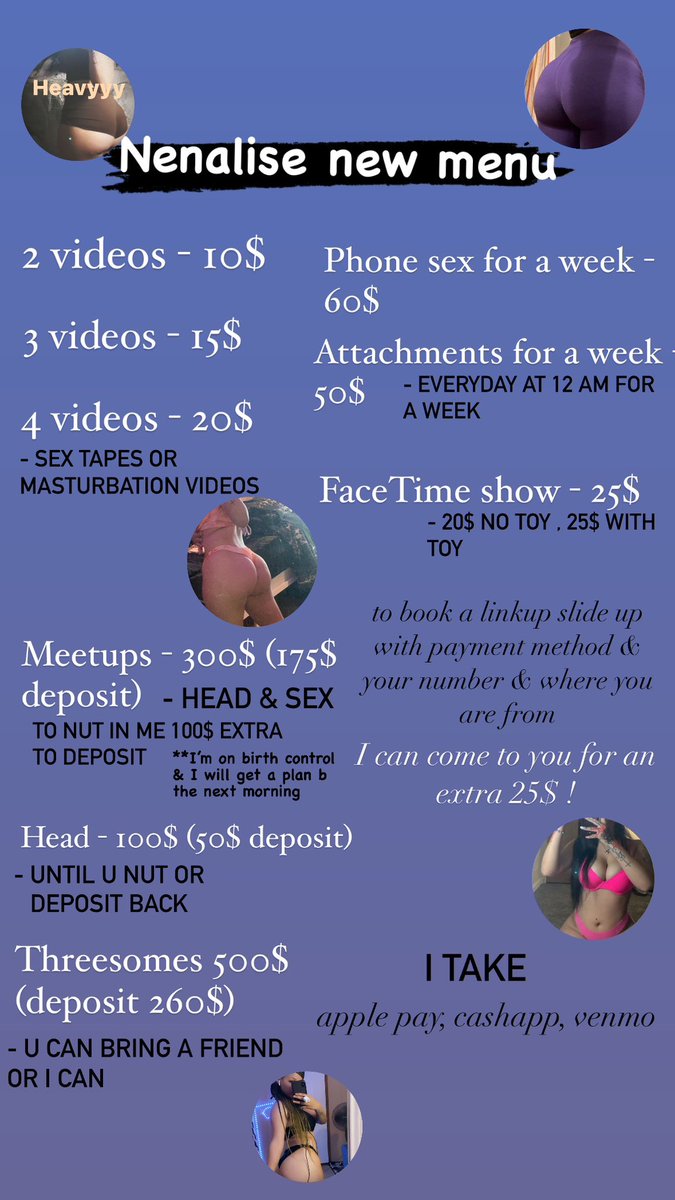 nenalisee's tweet photo. New menu !!! #Sellingcontent #sellingvideos #hostingmeetups #doinglinkups #sextapes #masturbate #rubbingpussy #fingering #phonesex #esex #facetimeshow #linkups #headuntilyounut #attachments #vibrator #dildo #suckingdick #threesomes #ct https://t.co/2aQGu8VwCh