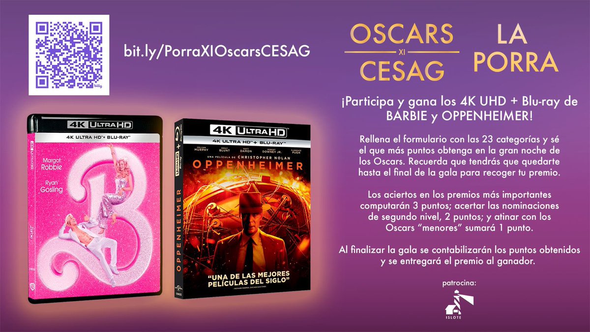 Iván Bort Gual (@ivanbortgual) on Twitter photo En #SALAISLOTE nos hemos venido arriba y en homenaje al fenómeno cinematográfico del año, patrocinamos el premio al ganador de la porra de los <a href="/OscarsCESAG/">Oscars CESAG</a> regalando sendas ediciones en 4K UHD + Blu-ray tanto de #Barbie como de #Oppenheimer
¡PARTICIPA!👉🏻bit.ly/PorraXIOscarsC… En #SALAISLOTE nos hemos venido arriba y en homenaje al fenómeno cinematográfico del año, patrocinamos el premio al ganador de la porra de los <a href="/OscarsCESAG/">Oscars CESAG</a> regalando sendas ediciones en 4K UHD + Blu-ray tanto de #Barbie como de #Oppenheimer
¡PARTICIPA!👉🏻bit.ly/PorraXIOscarsC…