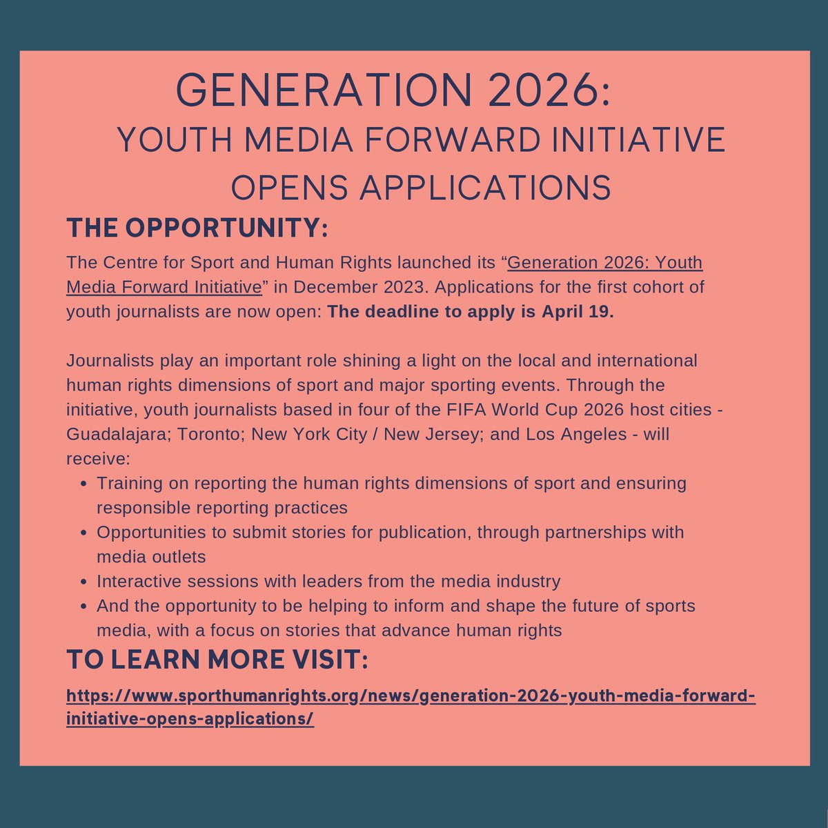 The Centre for Sport and Human Rights launched its “Generation 2026: Youth Media Forward Initiative” in December 2023. Applications for the first cohort of youth journalists are now open through April 19th. #lacityparks #parkproudla