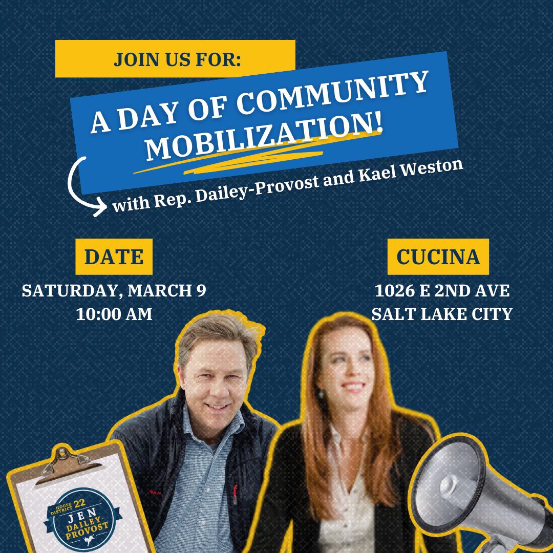 jenforutah's tweet photo. So excited to be joined by my friend, @KaelWeston for a community conversation about the continued work toward a better Utah! Stop by tomorrow and while you’re there, we invite you to sign a candidate nomination packet for this year’s election! Can’t wait to see you there! https://t.co/8357BDykUa