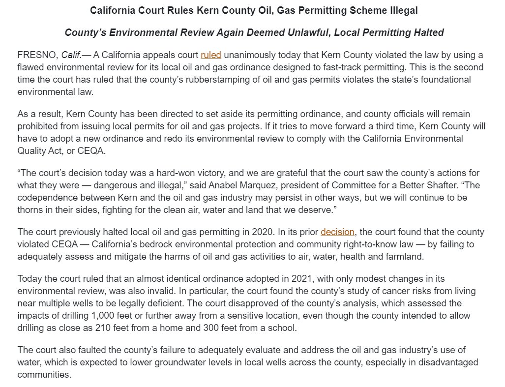 THERE'S BEEN A HUGE WIN FOR FRONTLINE COMMUNITIES IN KERN! We won our lawsuit against the county! Their oil and gas permitting ordinance was found to be illegal. Read the full release at the link below.