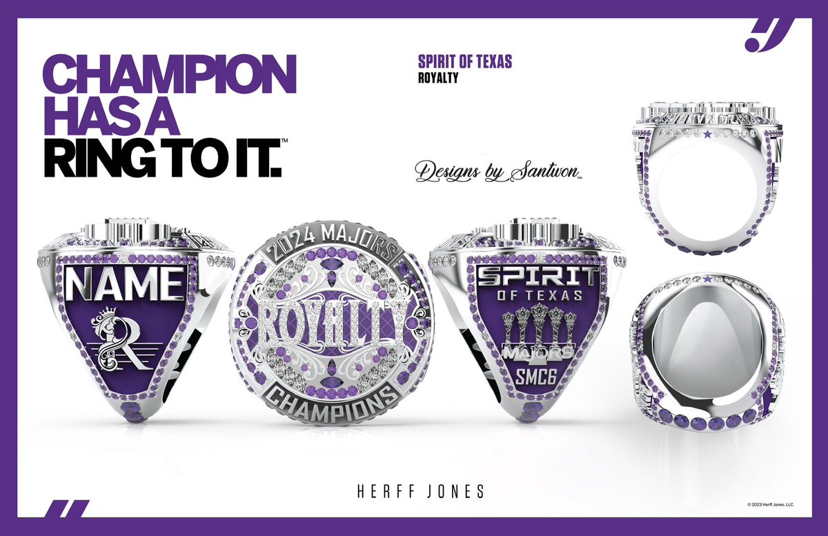 Congratulations <a href="/Spirit_ofTexas/">Spirit of Texas</a> <a href="/RoyaltySot/">Royalty</a> 👑 

2024 &amp; 5X Majors Champions! 💜💜💜💜💜

#DBSchamprings #designsbysantwon #hjchamprings #herffjones #evolvechamprings #championshiprings #champrings  #nationalchampions #majorschampions #worldchampions