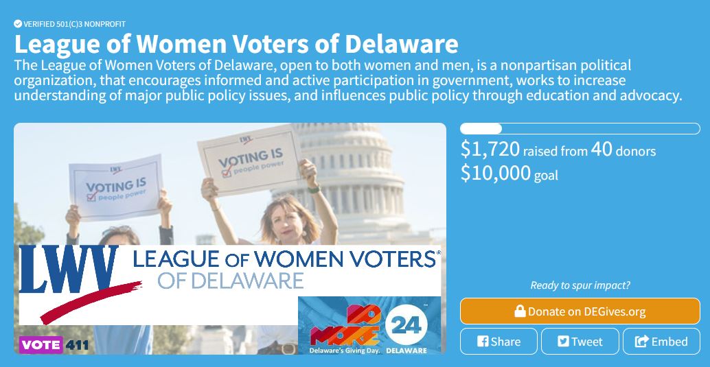 LWVDE raised $1,720 on the DoMore24 fundraiser. Great job, team 👍 A huge thank you to everyone who donated! If you missed the #DoMore24DE time window, you can still give a late donation at degives.org/orgs/league-of…