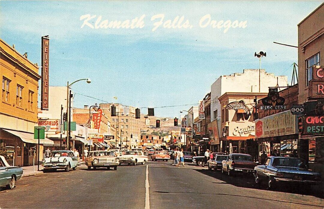 Sold:  Main Street, Klamath Falls, Oregon.  Standard/Chrome postcard, looks like 1960s.  I like 'main street' cards.  #sotd #postcard #KlamathFallsOR #mainstreet