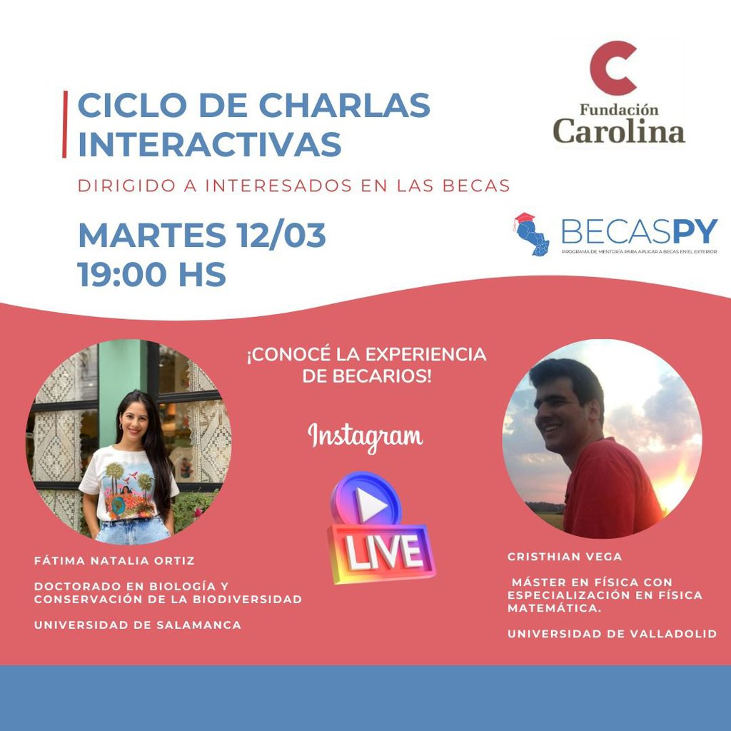 ¿Soñaste alguna vez con hacer tu master en España? 🇪🇸 Unite a la charla con Becarios de Fundación Carolina 
¡Es la última semana para postular! 🙌🏻

🗓️ Martes 12/03– 19:00 hs. 📲: Via Instagram Live de Becas Py

@red_carolinapy 

¡Te esperamos! 🙌🏻