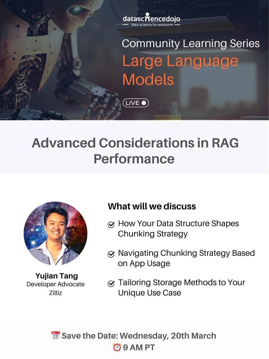 DataScienceDojo's tweet photo. Advanced Considerations in RAG Performance: https://t.co/yK3O6G88v7
Don't forget to join us on March 20th at 9 am as we explore the concepts of chunking, #embeddingmodels, and #vectordatabases! 🤓✨
#RAG #DataChunking #data #DataStructures #DataAnalysis #DataStorage https://t.co/isstlvCoqZ