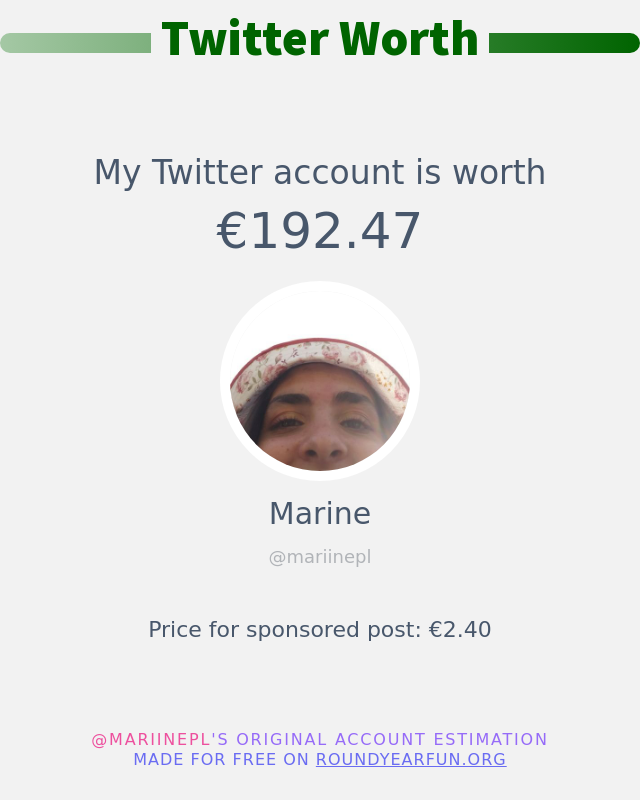 mariinepl's tweet photo. Mon twitter vaut: €192.47

➡️ https://t.co/qFzdw095yi https://t.co/fYfoyESi9e