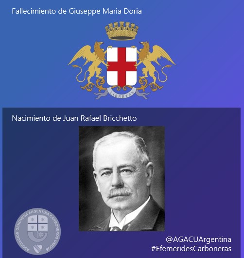 agacuargentina's tweet photo. #efemeridescarboneras
8/3/1816 Fallece Giuseppe Maria Doria 183 dogo de la Rep de Génova
8/3/1871 Nace Juan Rafael Bricchetto, Pte de @BocaJrsOficial que propuso sus colores azul y amarillo, hijo de ligures de Voltri
#agacu #EfemeridesDeHoy #bocajuniors #dogogenova #voltri https://t.co/u8SIM13ANd