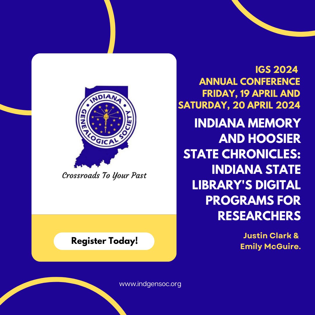 Dive into digital history with Justin Clark and Emily McGuire at #IGS2024! Their presentation on Indiana Memory and Hoosier State Chronicles will reveal the hidden digital treasures for researchers. i.mtr.cool/neabuxueyb 🖥️📜 #DigitalGenealogy #IndianaHistory