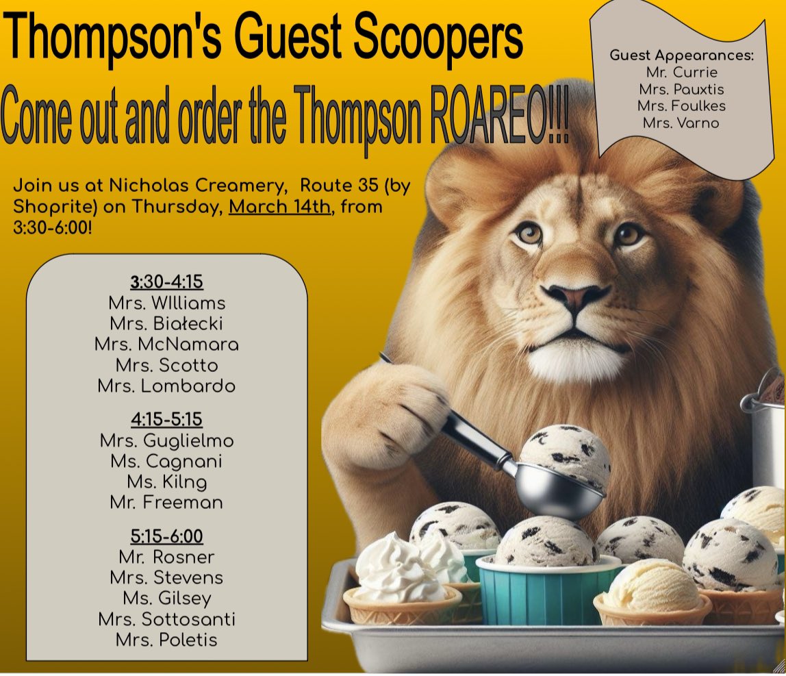 Ms. Cagnani P.E. ππ»ββοΈ (@tms_physed) on Twitter photo Come out & order the Thompson ROAREO!! Guest Scoopers will be there March 14th at Nicholas Creamery!!
<a href="/MissCarusoSci/">Mrs. Caruso Pauxtis</a> <a href="/BaggsLombardo/">Colleen Baggs-Lombardo</a> <a href="/ThompsonMSpride/">Brian Currie</a> #ThompsonMSpride #MTPS Come out & order the Thompson ROAREO!! Guest Scoopers will be there March 14th at Nicholas Creamery!!
<a href="/MissCarusoSci/">Mrs. Caruso Pauxtis</a> <a href="/BaggsLombardo/">Colleen Baggs-Lombardo</a> <a href="/ThompsonMSpride/">Brian Currie</a> #ThompsonMSpride #MTPS