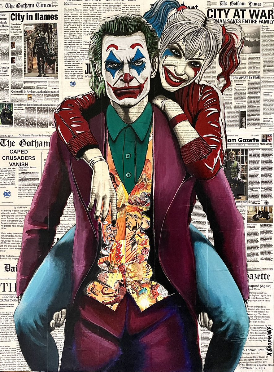 ‘Gotham Chronicles II’

‼️This is the second part of my new big project ‼️
New original artwork, Super hero theme, Joker and Harley Quinn together with Gotham city newspaper pages at background!

#originalart #NFT #gicleeprint