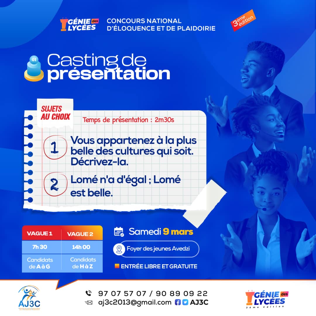 aj3ctogo's tweet photo. C´est reparti avec le Concours National d'Éloquence et de Plaidoirie GÉNIE LYCÉES ORATHON.

Rendez-vous ce 9 mars au Foyer des Jeunes Avédji 🔥

#GDL3 #GDLORATHON https://t.co/BE405boa2C