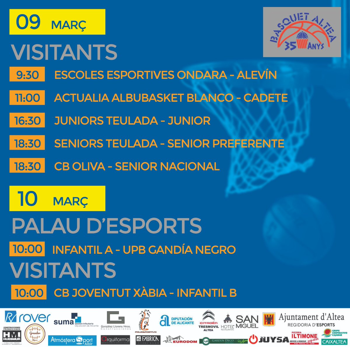 AlteaBasquet's tweet photo. https://t.co/cX0zNVslfI 
#sumaconeldeporte 

(VAL) 🟡🔴

Ací tenim el cartell amb els partits d'aquest cap de setmana!
Tot el mon a animar!

ANEM ALTEA 🏀🔥

(CAS) 🔴🟡

Aquí tenemos el cartel con los partidos de este fin de semana!
Todo el mundo a animar!

VAMOS ALTEA 🏀🔥 https://t.co/iYa4e1Zysy