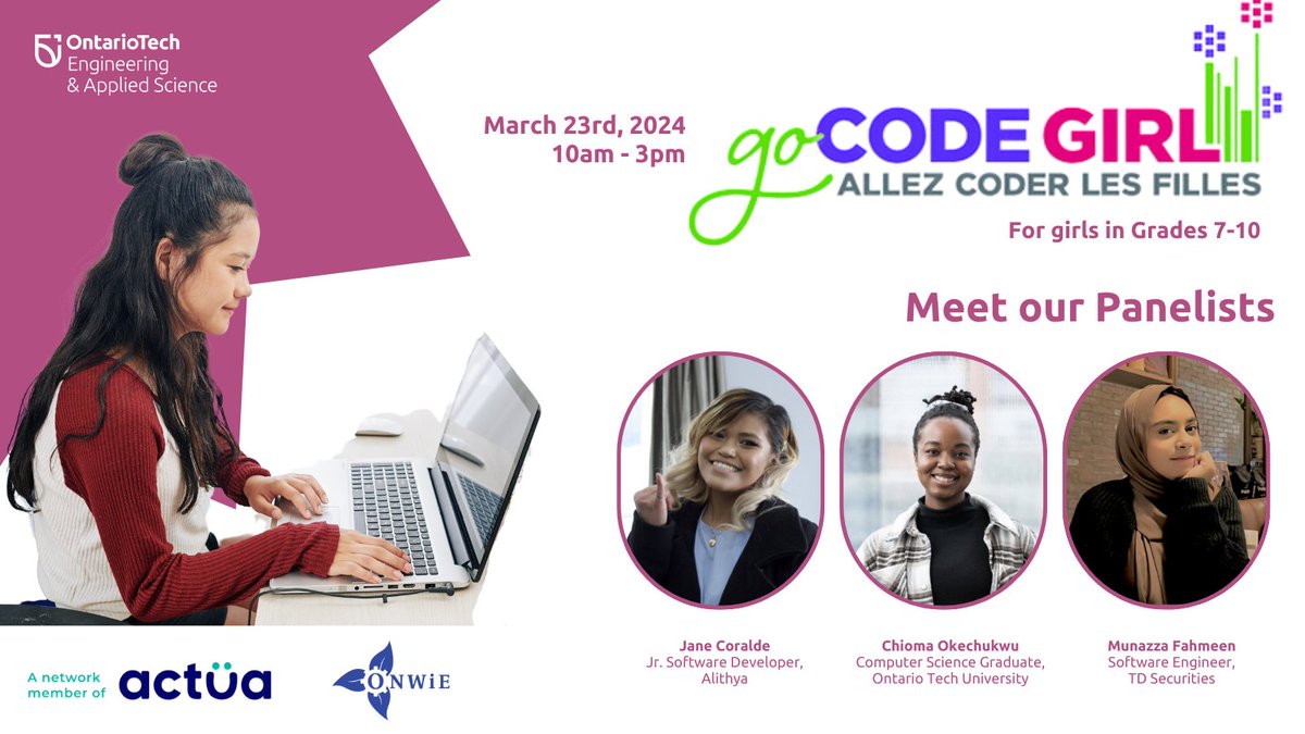 OT_Outreach's tweet image. Code the change this #InternationalWomensDay! 🌸💻 Join us for GO CODE Girl, inspiring young women in grades 7-10 with software, AI, &amp;amp; coding creativity. Kudos to our panelists &amp;amp; ONWiE for guiding future innovators. Thanks, @actua_canada for the support!  #GoCodeGirl #WomenInSTEM