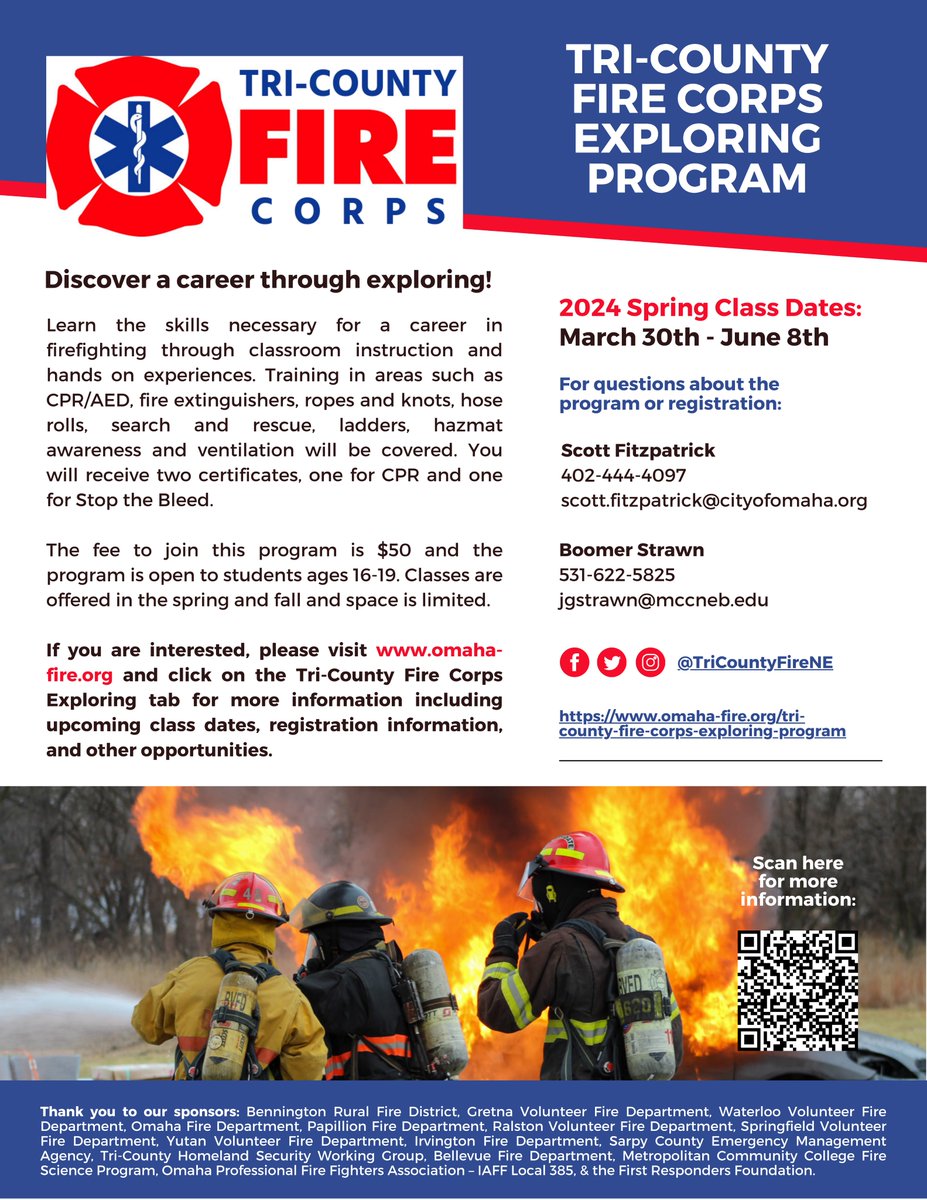 Register for our 2024 Spring Class today! This is a great opportunity for students to discover a career in the fire service through exploring. Class begins on Saturday, 3/30 and the cost for the program is $50/student.

Visit scoutingevent.com/326-81801 to register today!