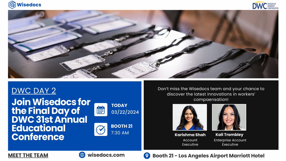 It's the final day of #DWC2024! 💡 Don't miss your chance to #Connect with us at booth 21 and explore how Wisedocs is revolutionizing #WorkersCompensation🚀

Can't make it? #ContactUs online to learn more about our solutions.

👉wisedocs.ai/contact

#WorkersComp #Conference