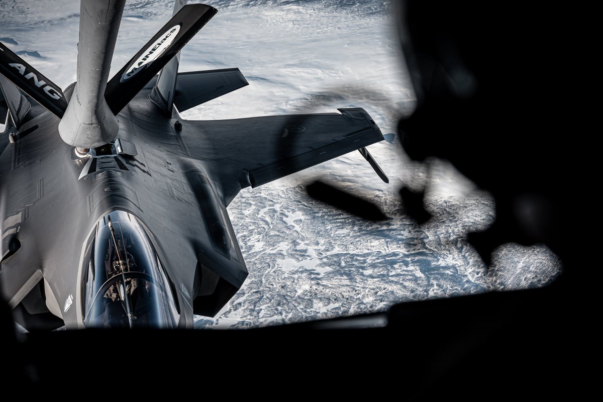 A Norwegian F-35 Lightning II receives fuel from an @AirNatlGuard KC-135 Stratotanker w/the 101st Air Refueling Wing, during Nordic Response 24. #NR24 kicked off with @usairforce KC-135s providing aerial refueling to @NATO Allies highlighting our commitment to Arctic security.