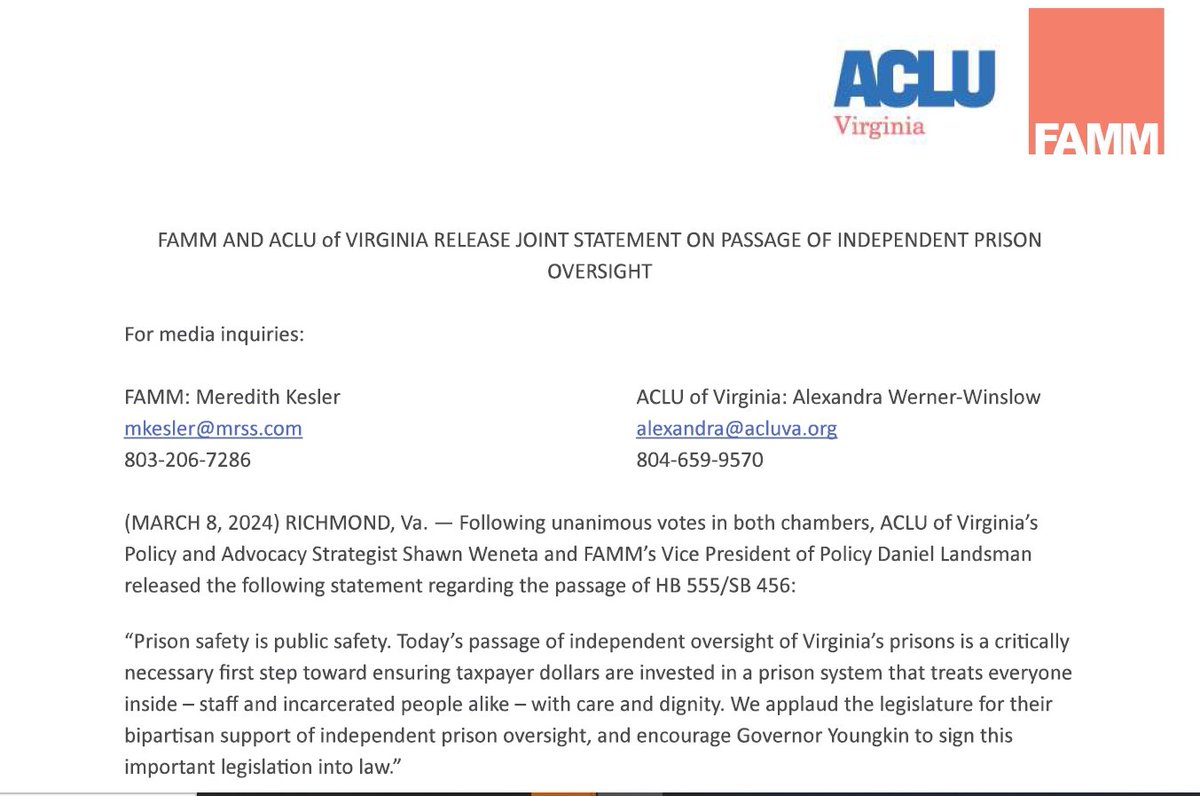 🗼BREAKING: Virginia legislature passes independent #PrisonOversight! Thank you! FAMM and ACLU Virginia: “Prison safety is public safety. Today’s passage is a critically necessary first step toward ensuring taxpayer dollars are invested in a prison system that treats everyone