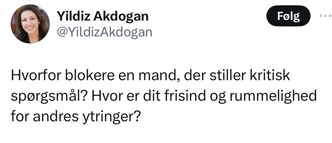 DGMonrad's tweet photo. @YildizAkdogan JBO blokerede en mand der mente at JBO ikke måtte ytre sig fordi han ikke brød sig om det JBO skrev. 
Du forsvarede manden. 
That’s it. https://t.co/5YyJ32fain