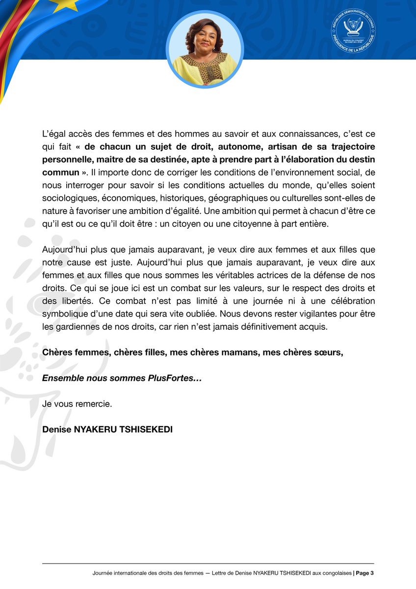 DeniseNyakeru's tweet photo. Ma lettre aux Congolaises en cette Journée internationale des droits des femmes.

#8Mars2024 https://t.co/31QzhvgkQ8